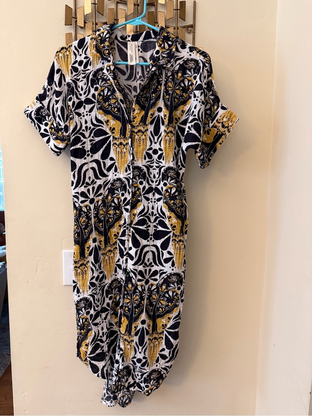 Anthropologie Button-Front Short Sleeve Dress in Black, White & Mustard